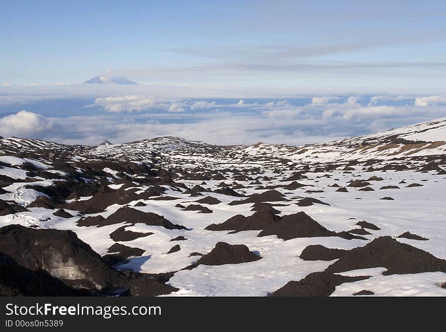 Ice field near Kluchevskoy volcano in Kamchatka.  Russia