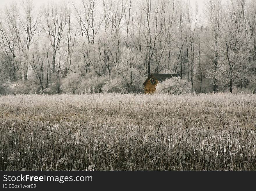 Taken on a morning where Ice had overtaken the fields.  I like this image because the cabin stands out in color and seems to bring some warmth to the scene. Taken on a morning where Ice had overtaken the fields.  I like this image because the cabin stands out in color and seems to bring some warmth to the scene.