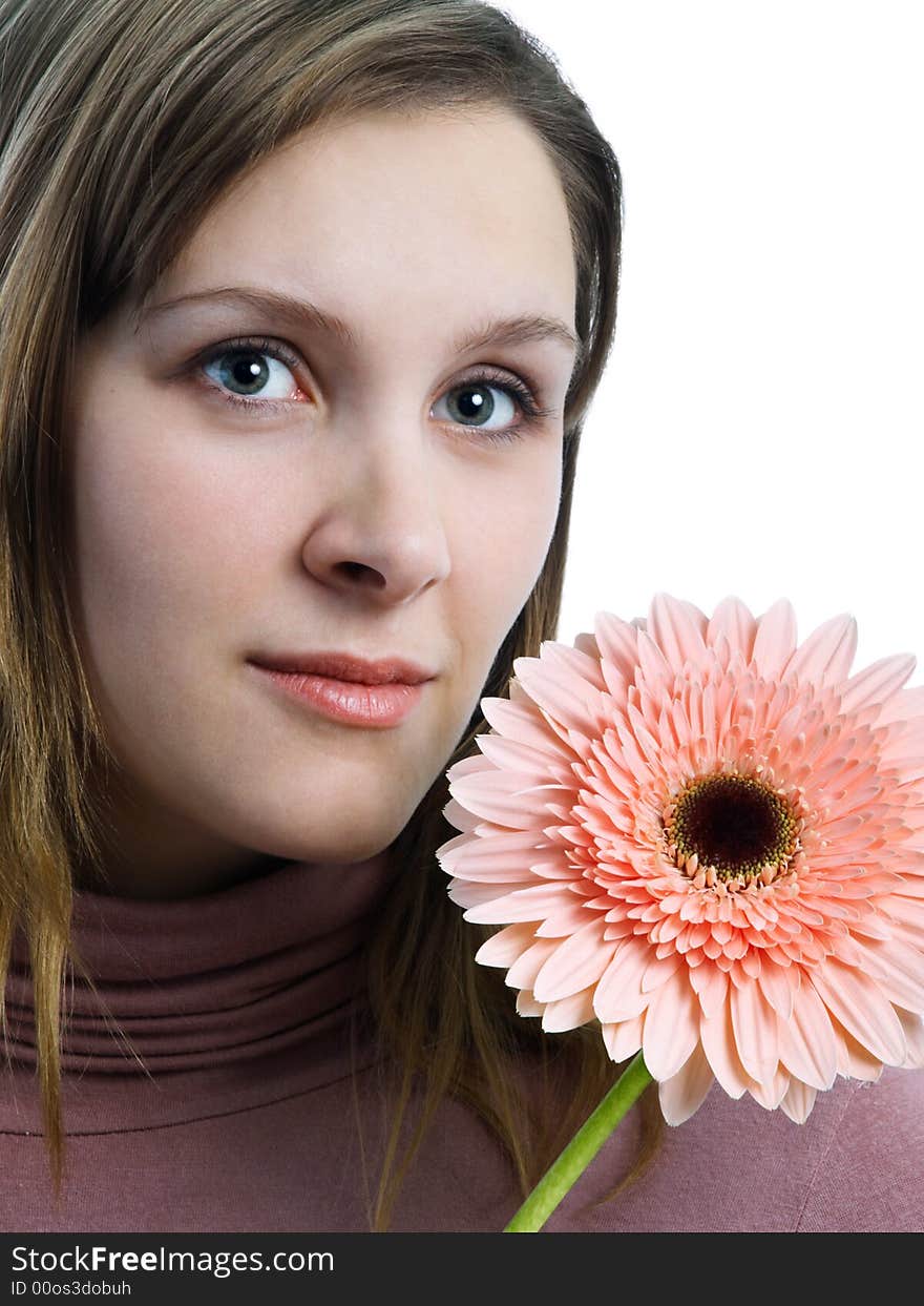 Beautiful girl with african daisy on white background. Beautiful girl with african daisy on white background