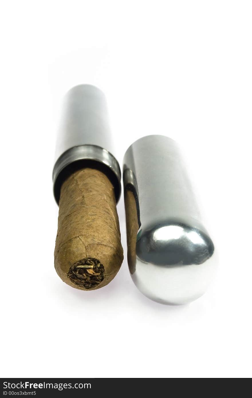 Cigars and accessories on white background