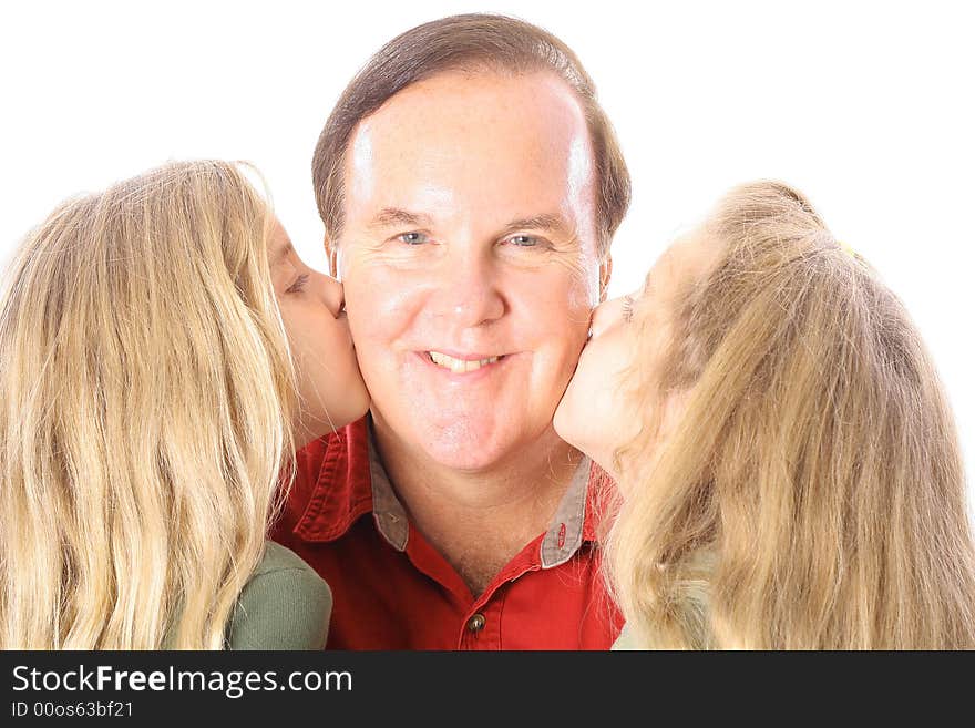 Sisters kissing uncle isolated on white