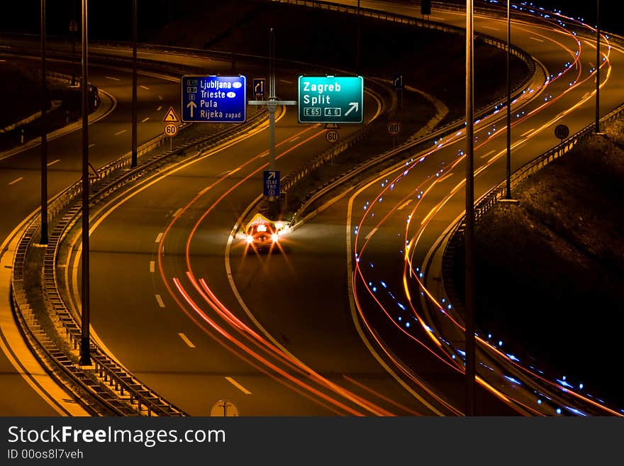 Straight night highway with car's traces. Straight night highway with car's traces