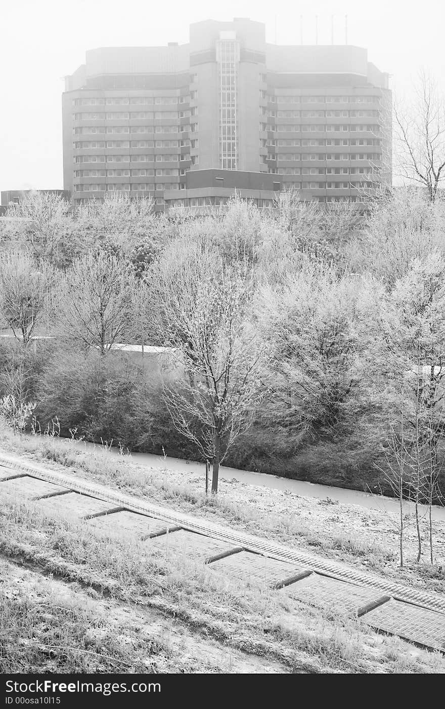 Office building in snow shot in black an white