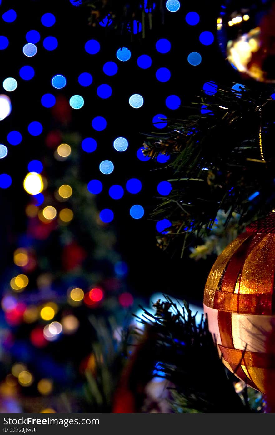 Close-up of Christmas Tree with red and gold ornaments and lights