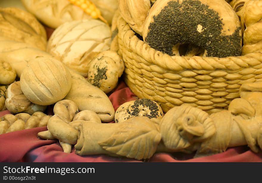 Sculpture of breads and a basket made from flour. Sculpture of breads and a basket made from flour