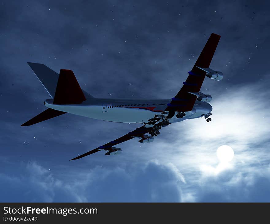 A plane flying high in the nighttime sky with an illuminated moon. A plane flying high in the nighttime sky with an illuminated moon.