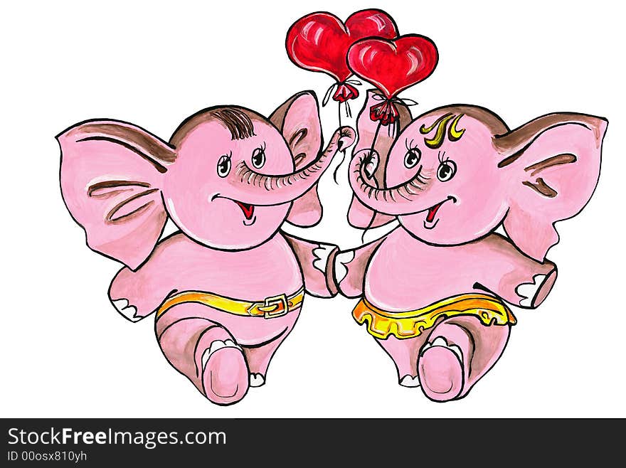 Pink elephants with balloons in the form of hearts on a white background