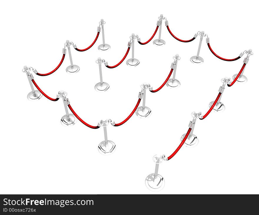 A 3D illustration of a waiting line composed of stanchion barriers.