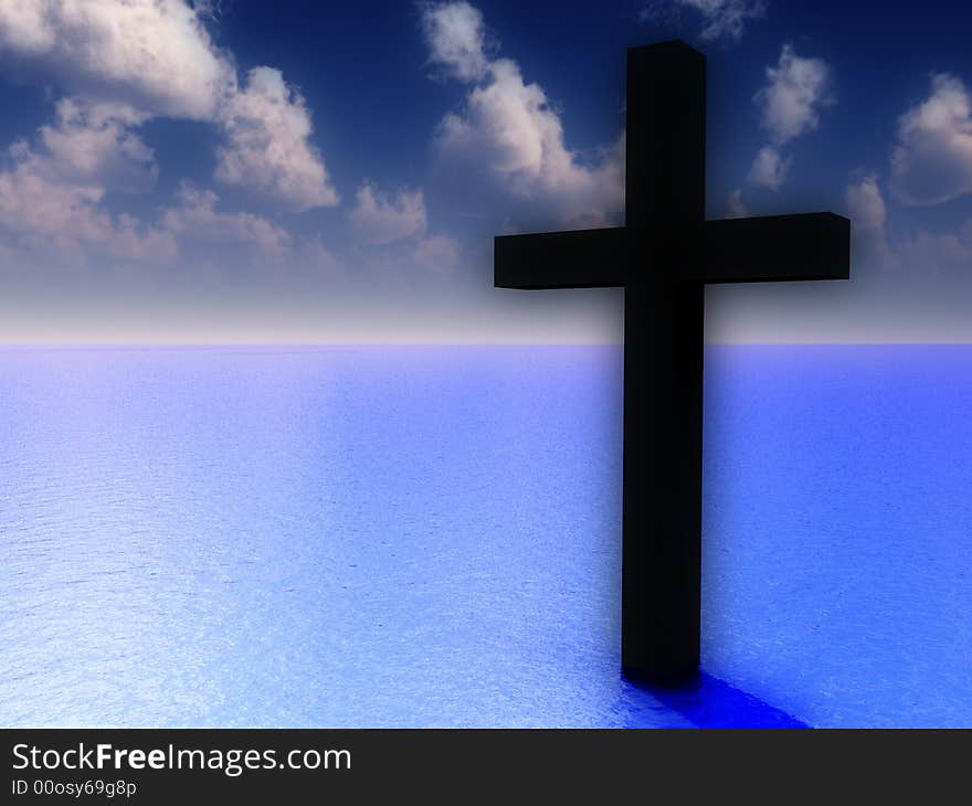 A conceptual image of the religious symbolic cross, in the water with a daytime background. A conceptual image of the religious symbolic cross, in the water with a daytime background.