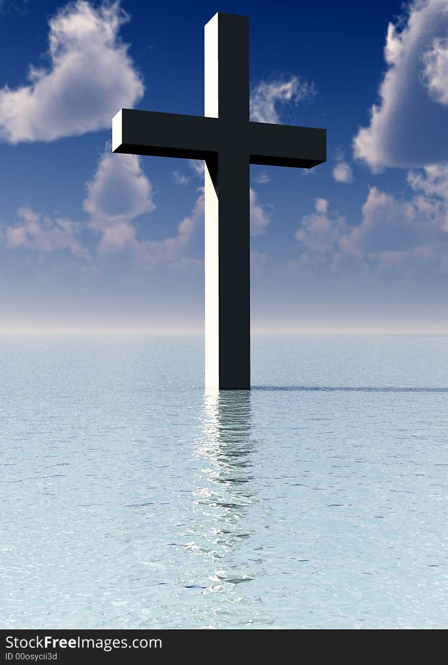 A conceptual image of the religious symbolic cross, in the water with a daytime background. A conceptual image of the religious symbolic cross, in the water with a daytime background.