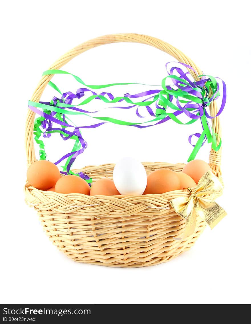 Easter Basket With A Bow, Eggs And Garland