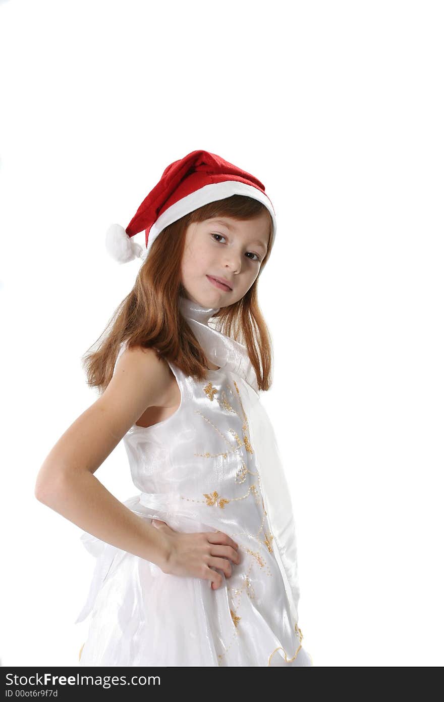 Portrait of the girl in a red cap  on a white background