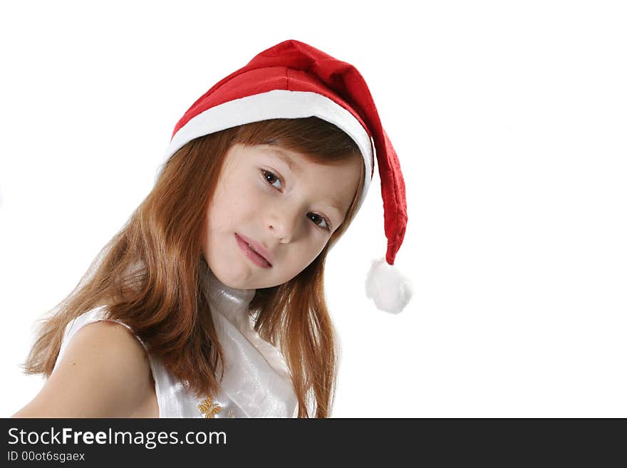 Portrait of the girl in a red cap close up on a white background