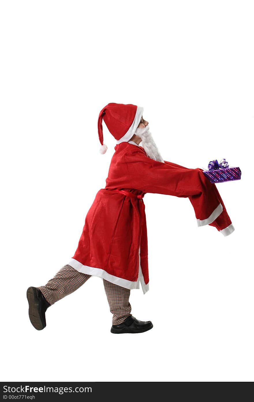 The boy in a cap Santa with a gift on a white background