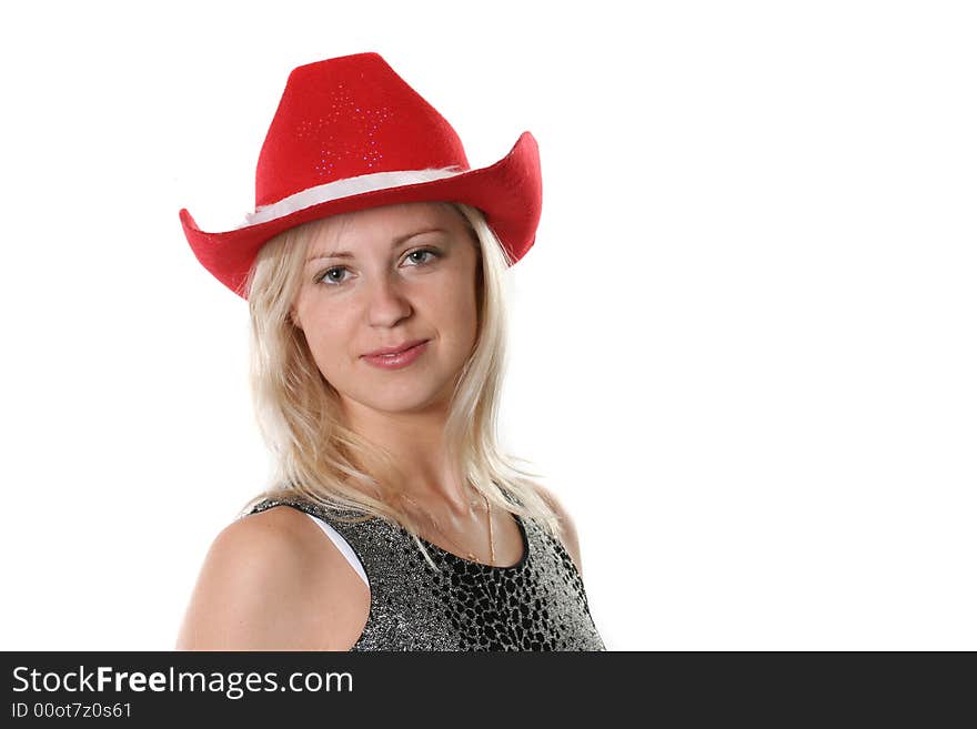 The young woman in a red cowboy's hat on a white background