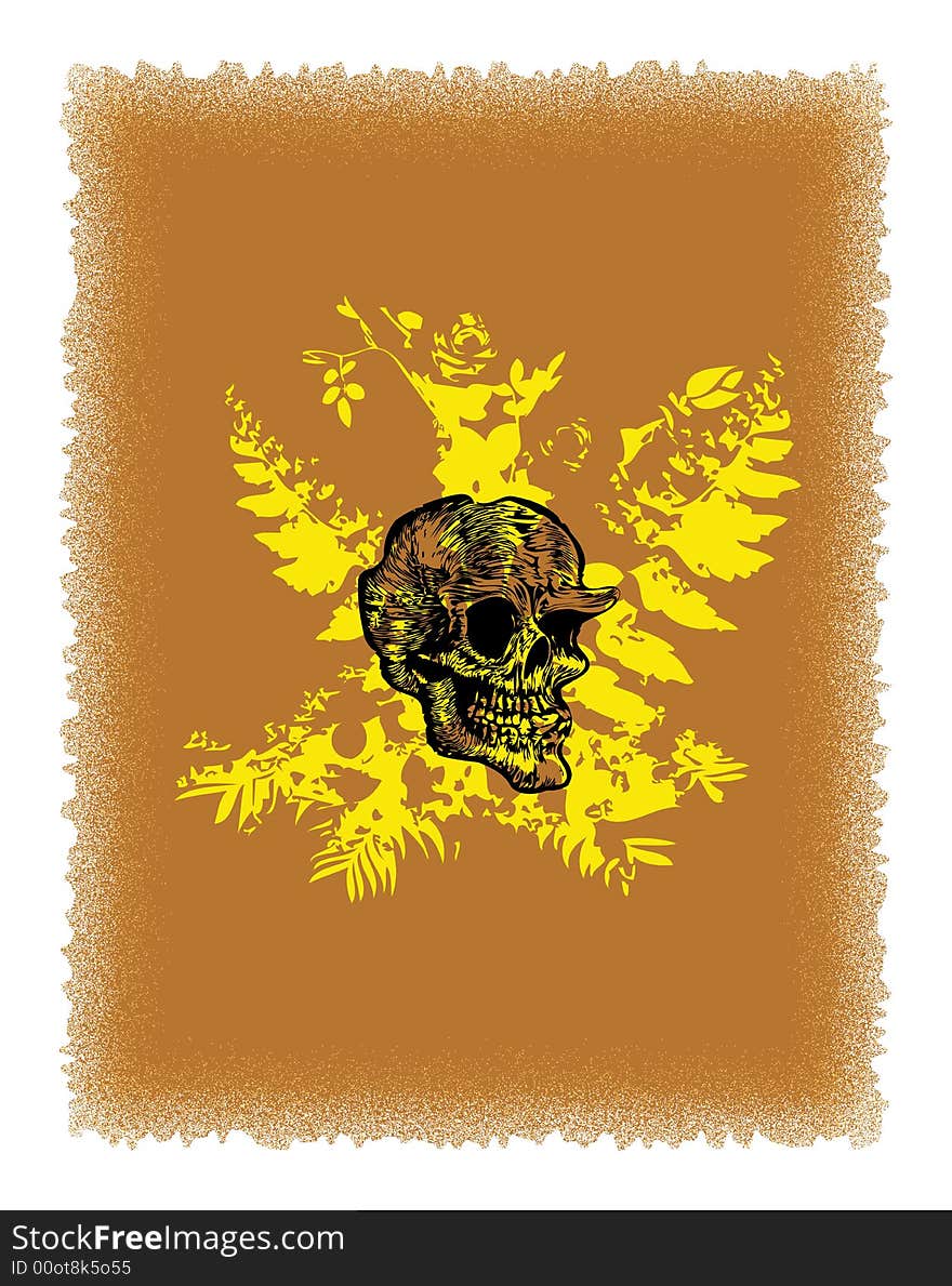 Brown background with yellow plants and skull shape. Brown background with yellow plants and skull shape