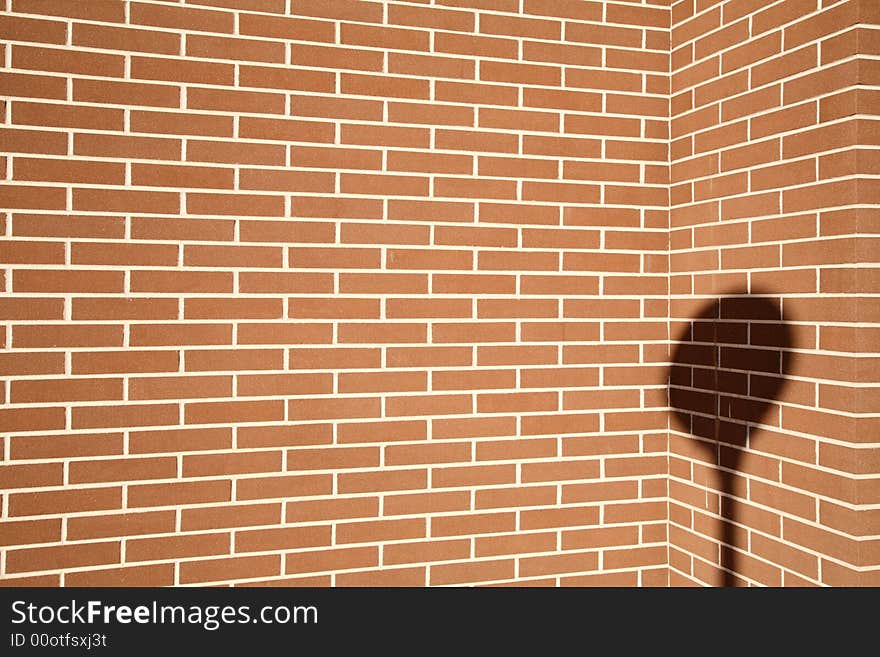 Lamppost shadow on a plain red brick wall