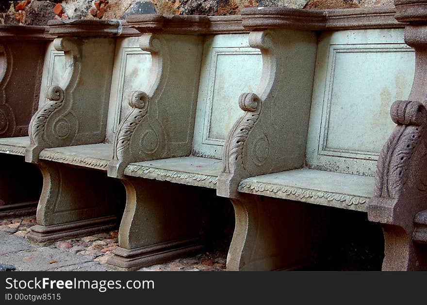 A stone bench in the garden of ex-hacienda San Gabriel de Barrera in Guanajuato, Guanajuato, Mexico