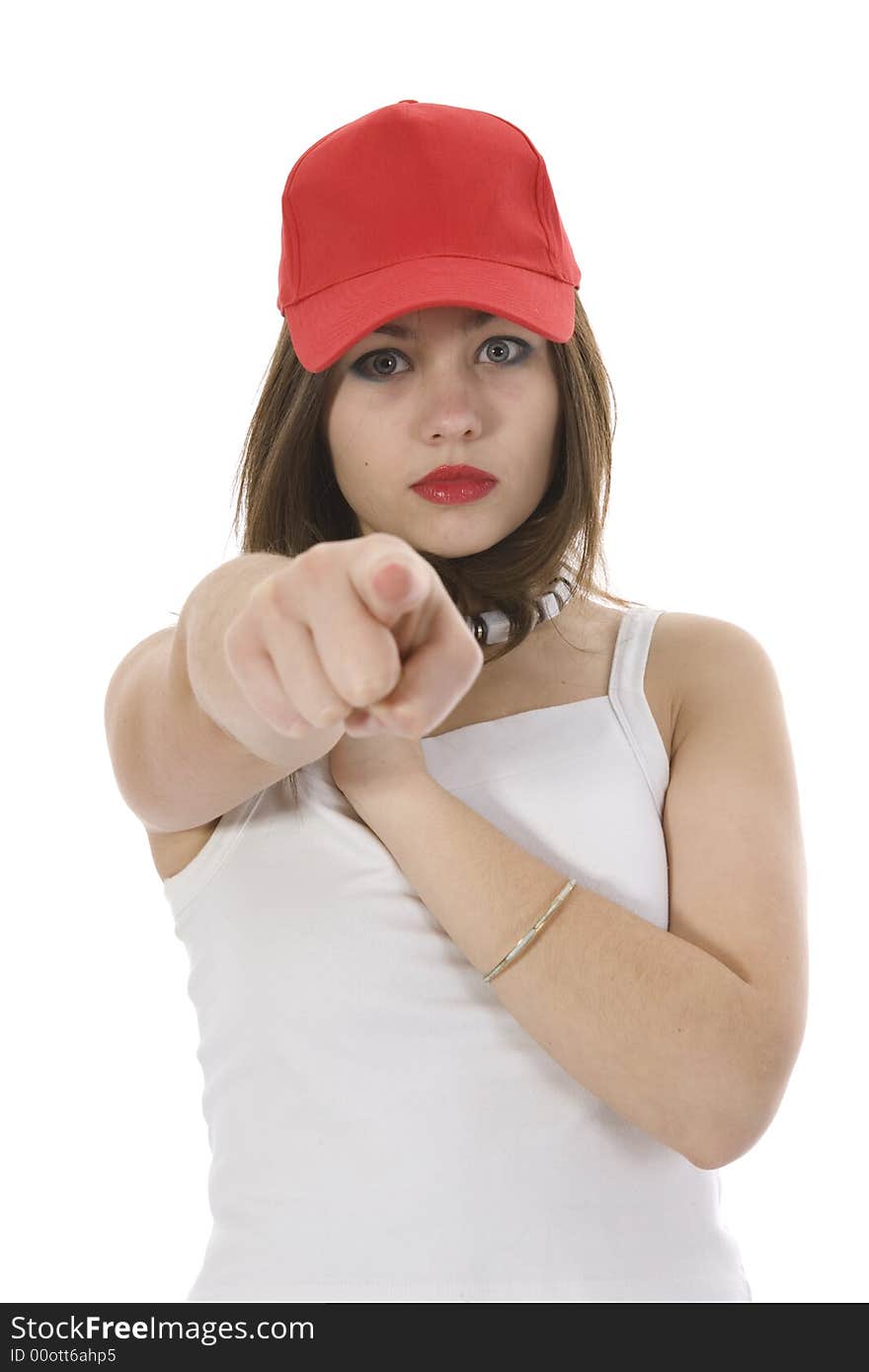 Emotional girl in red cap