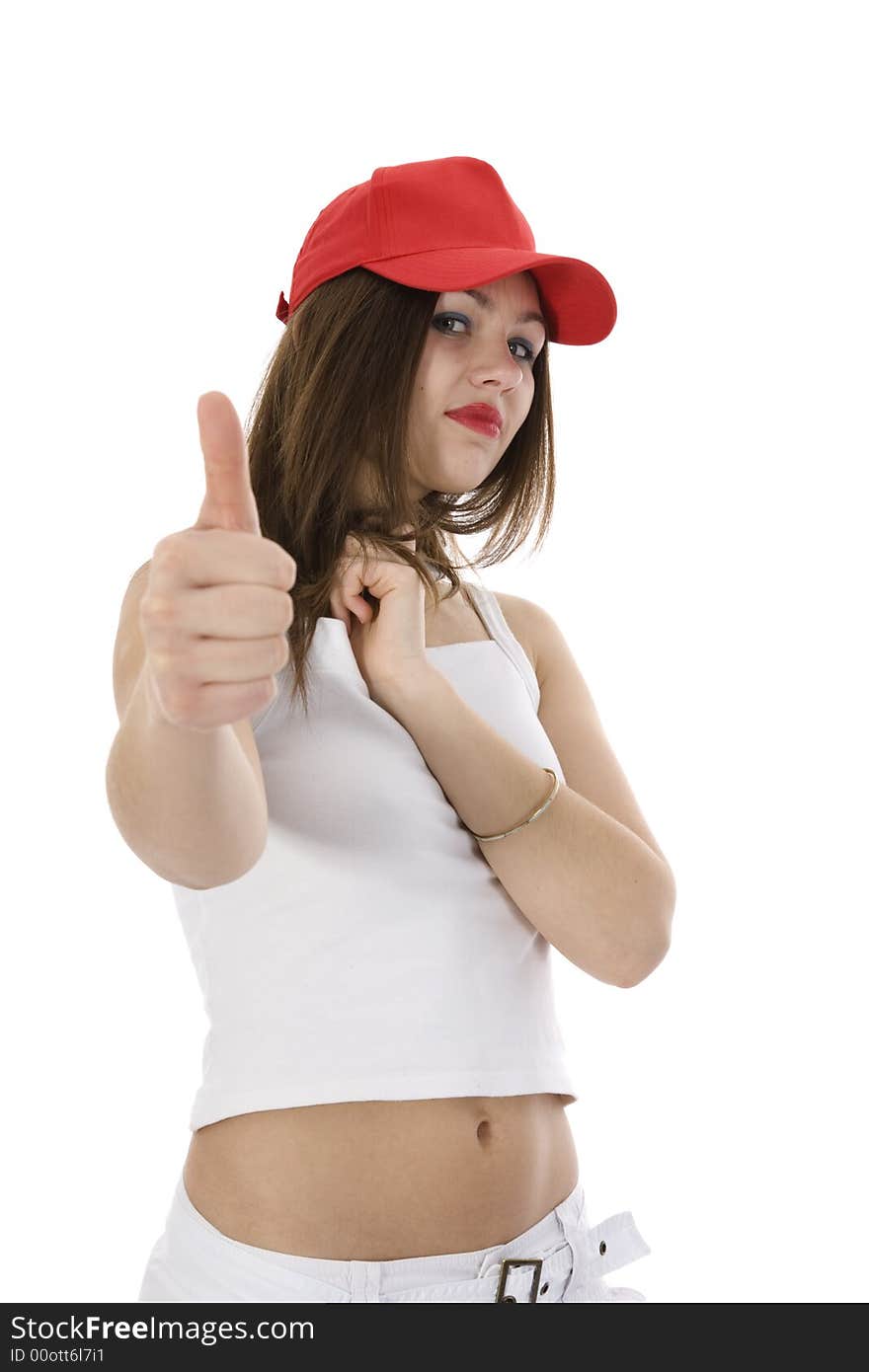 Emotional girl in red cap