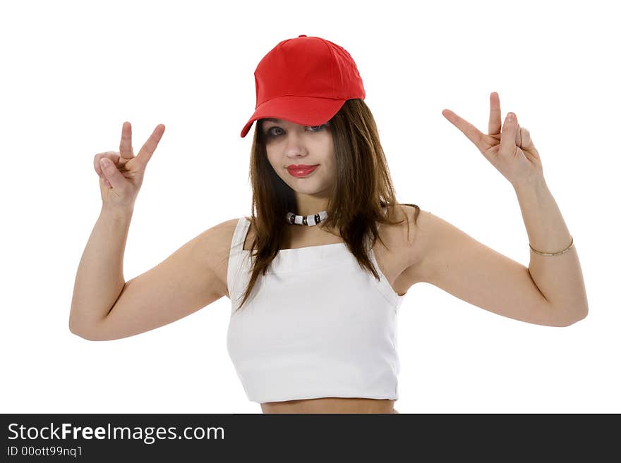 Emotional girl in red cap