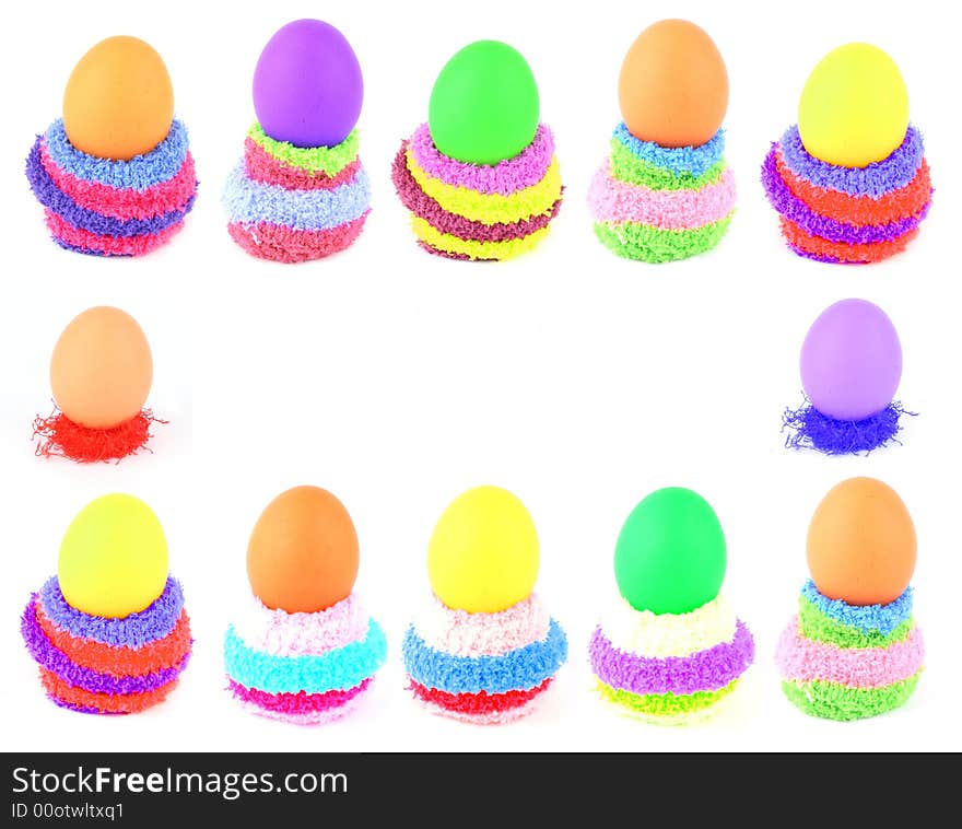 Easter eggs in multicolored fluffy clutches in the form of picture or post card frame. Easter eggs in multicolored fluffy clutches in the form of picture or post card frame