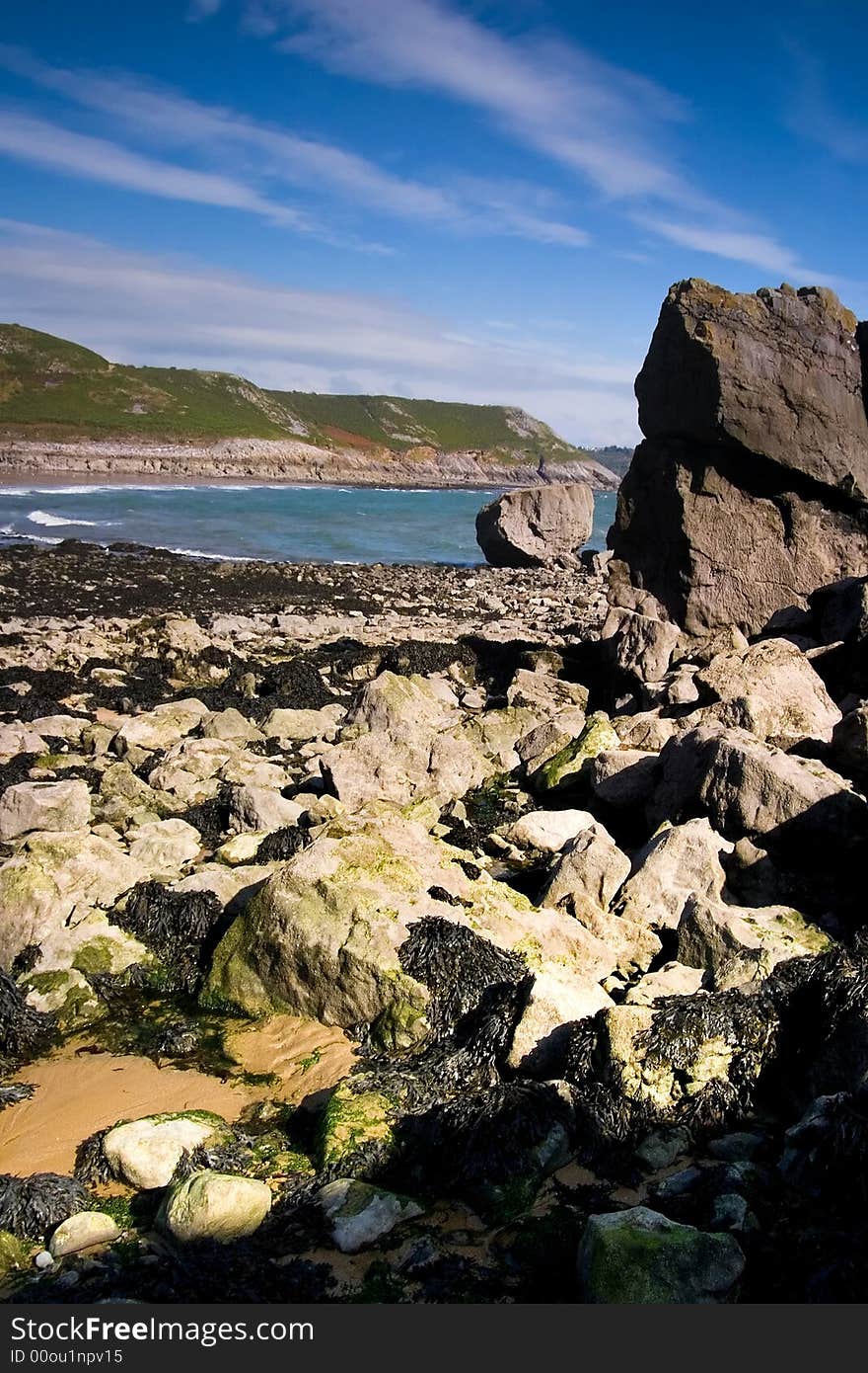 Rocky beach in South Wales on a beautiful sunny day