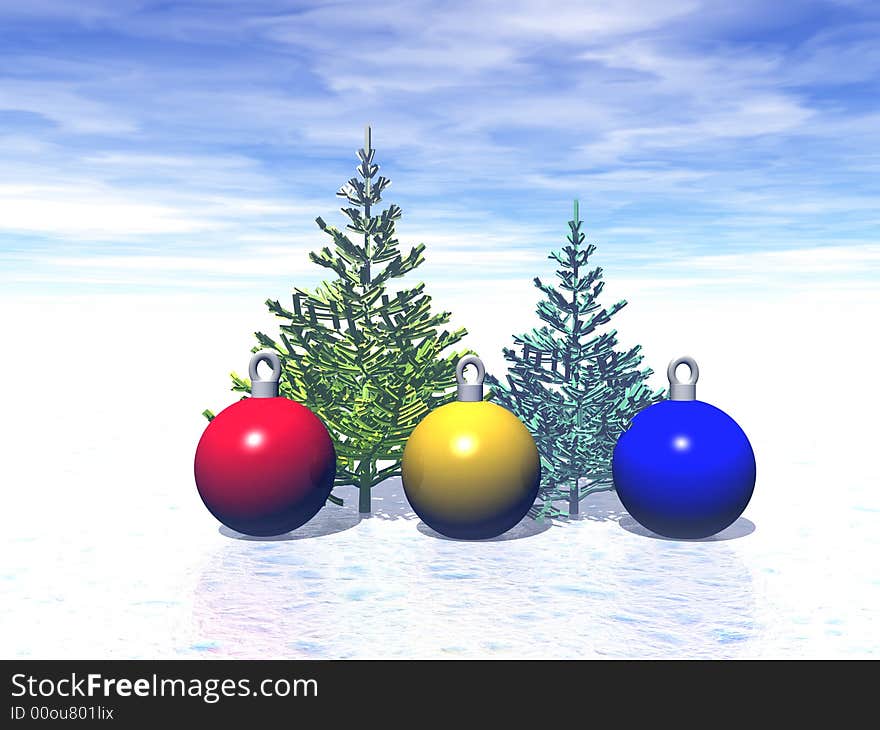 Christmas, balls, color, snow, trees, sky, red, yellow, blue. Christmas, balls, color, snow, trees, sky, red, yellow, blue