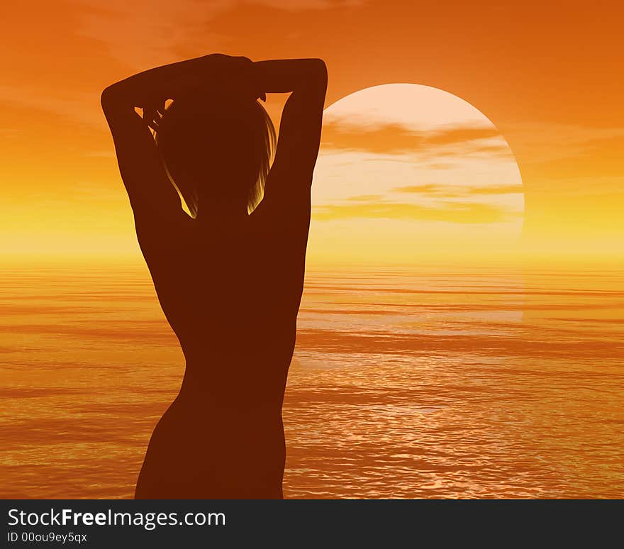 Girl and calm sea sunset