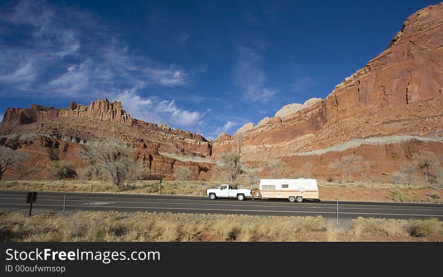 Pick up with mobile home driving in Utah