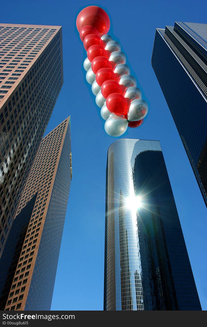 Red and silver ballons in the modern city