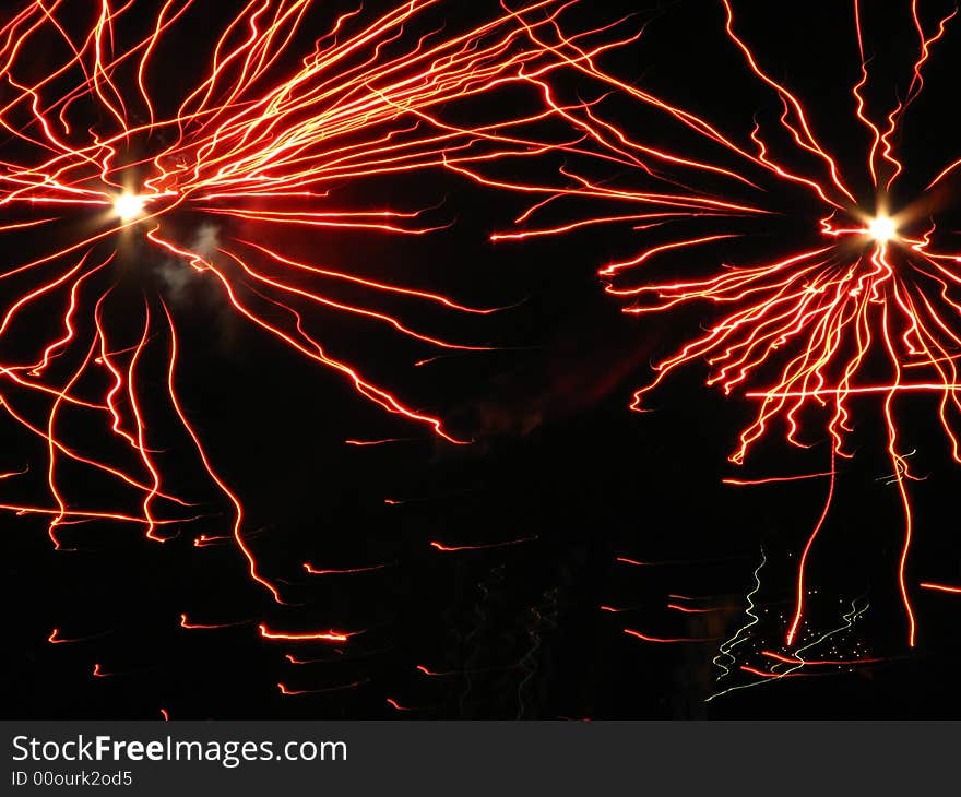 Explosion of red salute at new year night, close view. Explosion of red salute at new year night, close view