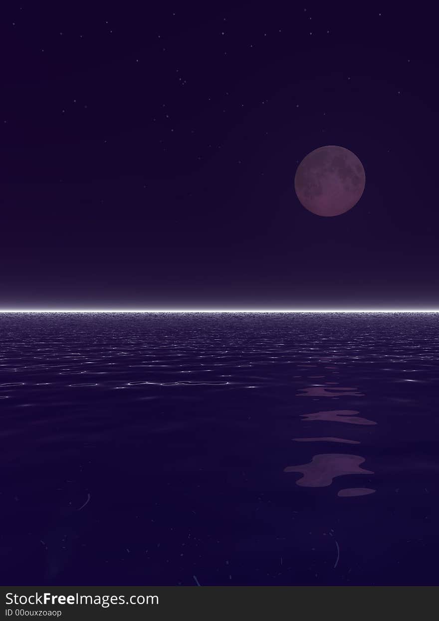 An illustration of a surreal moonset over water. An illustration of a surreal moonset over water.