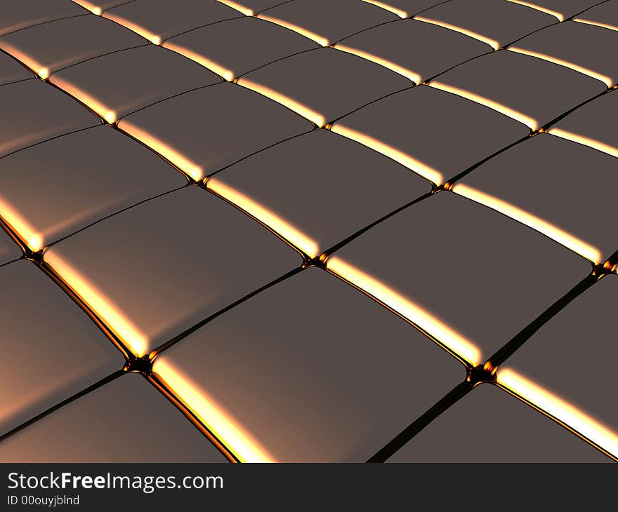 A 3D illustration of soft edged metallic cubes forming a grid with golden light.