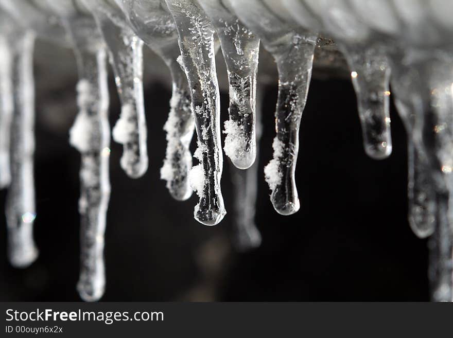 Detail of icicles with the center focused and the left and right blurred.