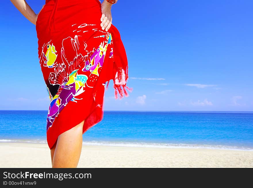 View of female back on a background of the tropical sea. View of female back on a background of the tropical sea