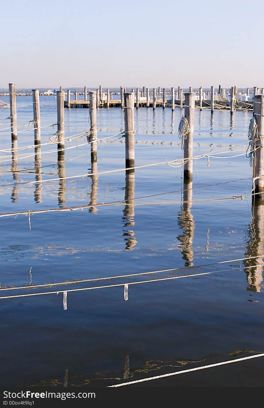 Old wooded dock poles and ropes on Marina by the Atlantic ocean in New Jersey state. Vertical. Old wooded dock poles and ropes on Marina by the Atlantic ocean in New Jersey state. Vertical