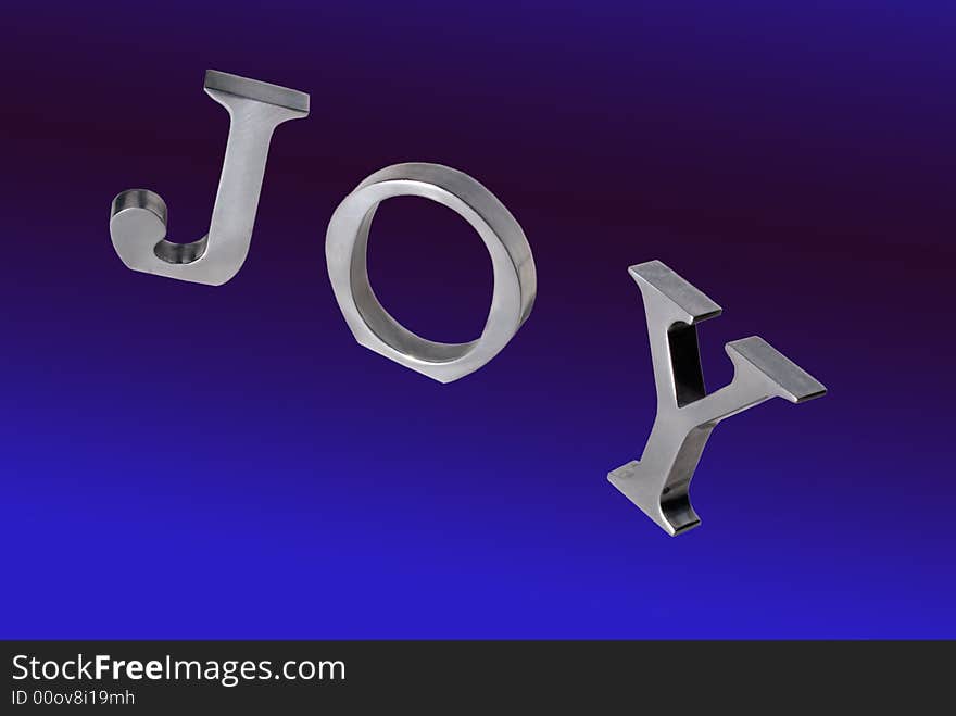 Silver colored letters that spell joy, against a blue background