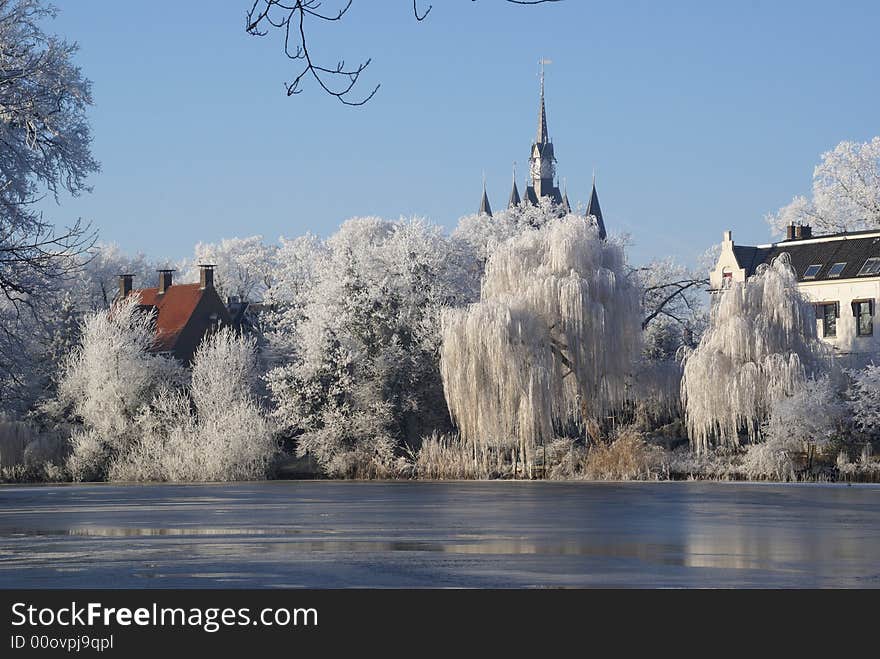 Winter landscape of old city.