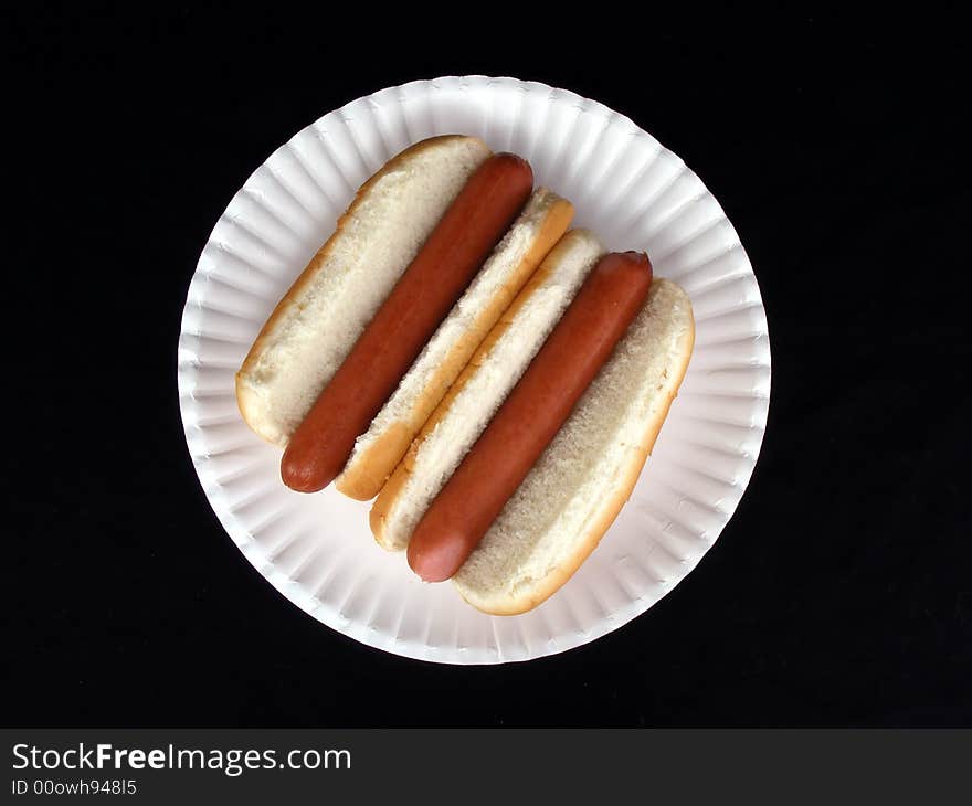 A pair of hot dogs on a paper plate. A pair of hot dogs on a paper plate.