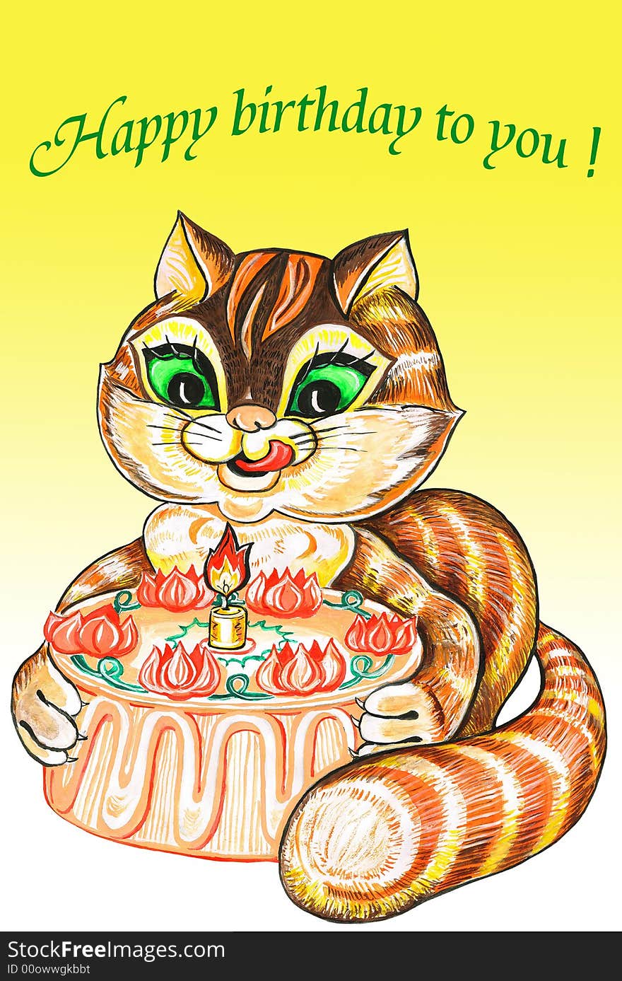 Cat with a holiday pie on a yellow background. Cat with a holiday pie on a yellow background