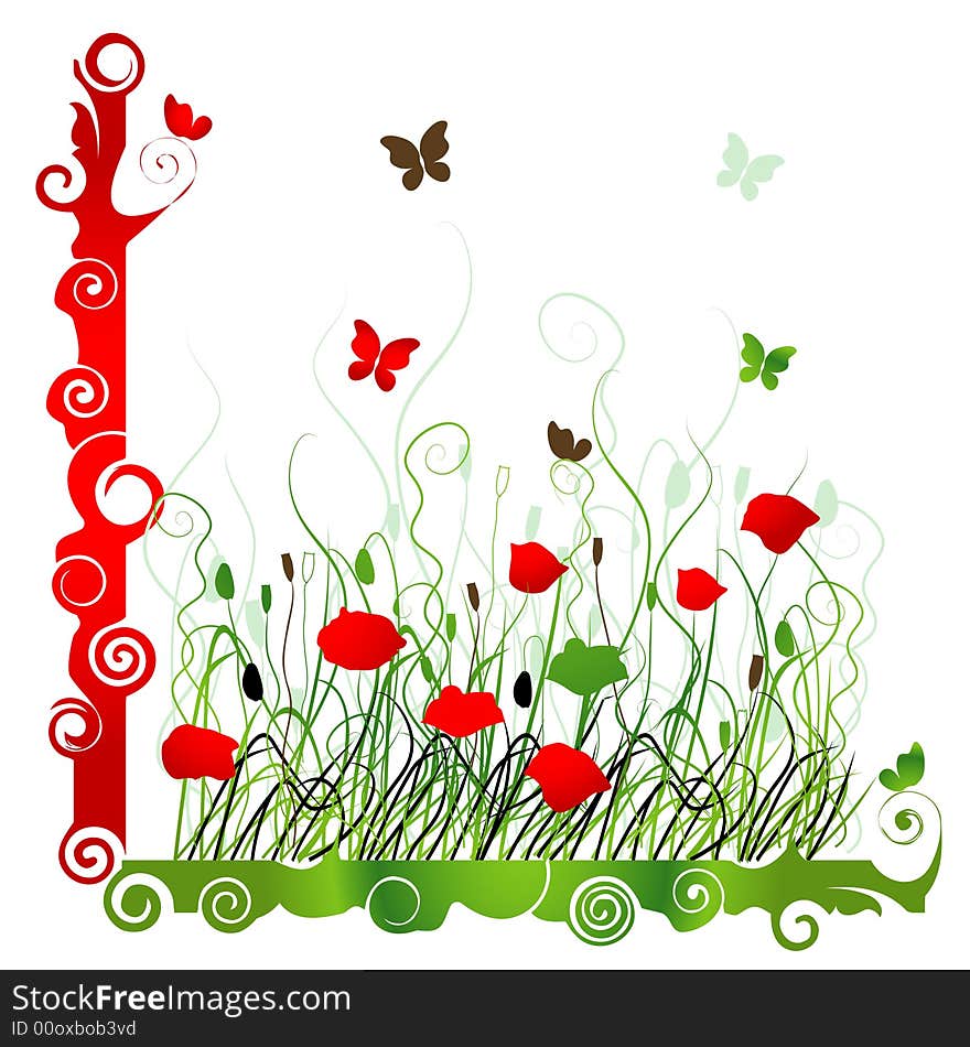 Background with green grass ang red poppie isolated on white