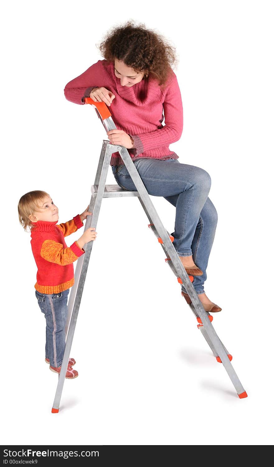 Mother And Daughter On  Stepladder