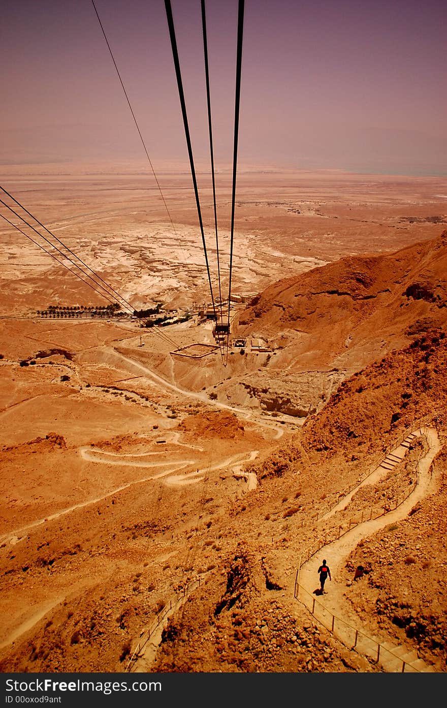 Cable to Masada, Judean Desert, Israel. The Dead Sea is in the background.