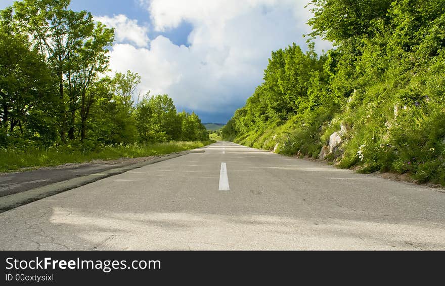 Road drive amid trees with cloudy sky in the background. Road drive amid trees with cloudy sky in the background