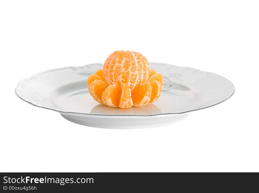 Peeled tangerines on plate isolated on white