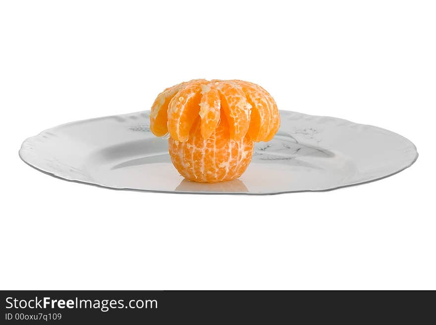 Peeled tangerines on plate isolated on white