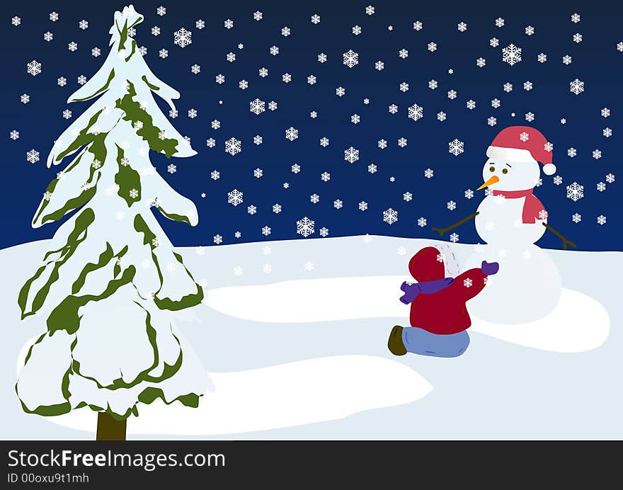 Boy is making a snowman (vector illustration)