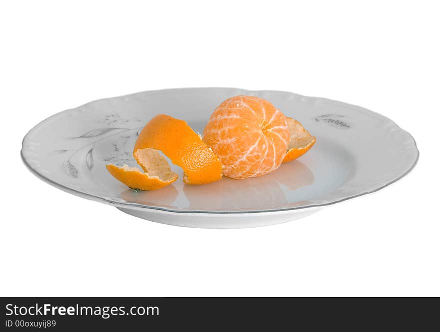 Peeled tangerines on plate isolated on white