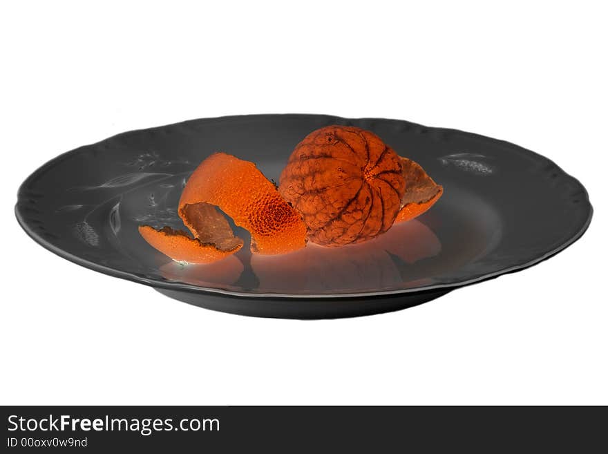 Peeled infernal tangerines on plate isolated on white. Peeled infernal tangerines on plate isolated on white